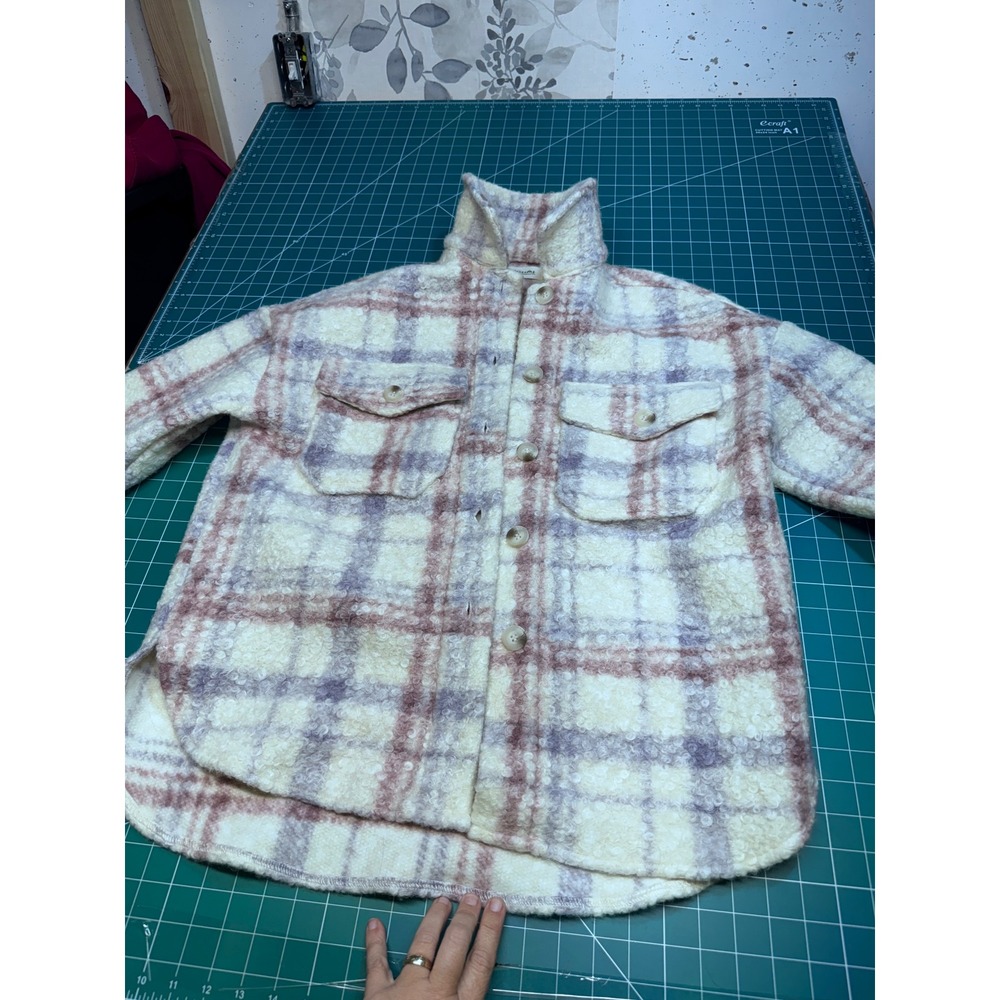 Impressions Plaid Boucle Shacket Women Small Cream Purple Mauve Button Up Jacket